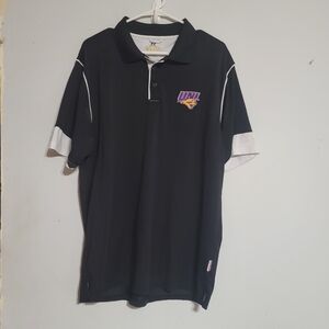 UNI Northern Iowa Panthers Polo Shirt Large Black Purple Gold Basketball Russell